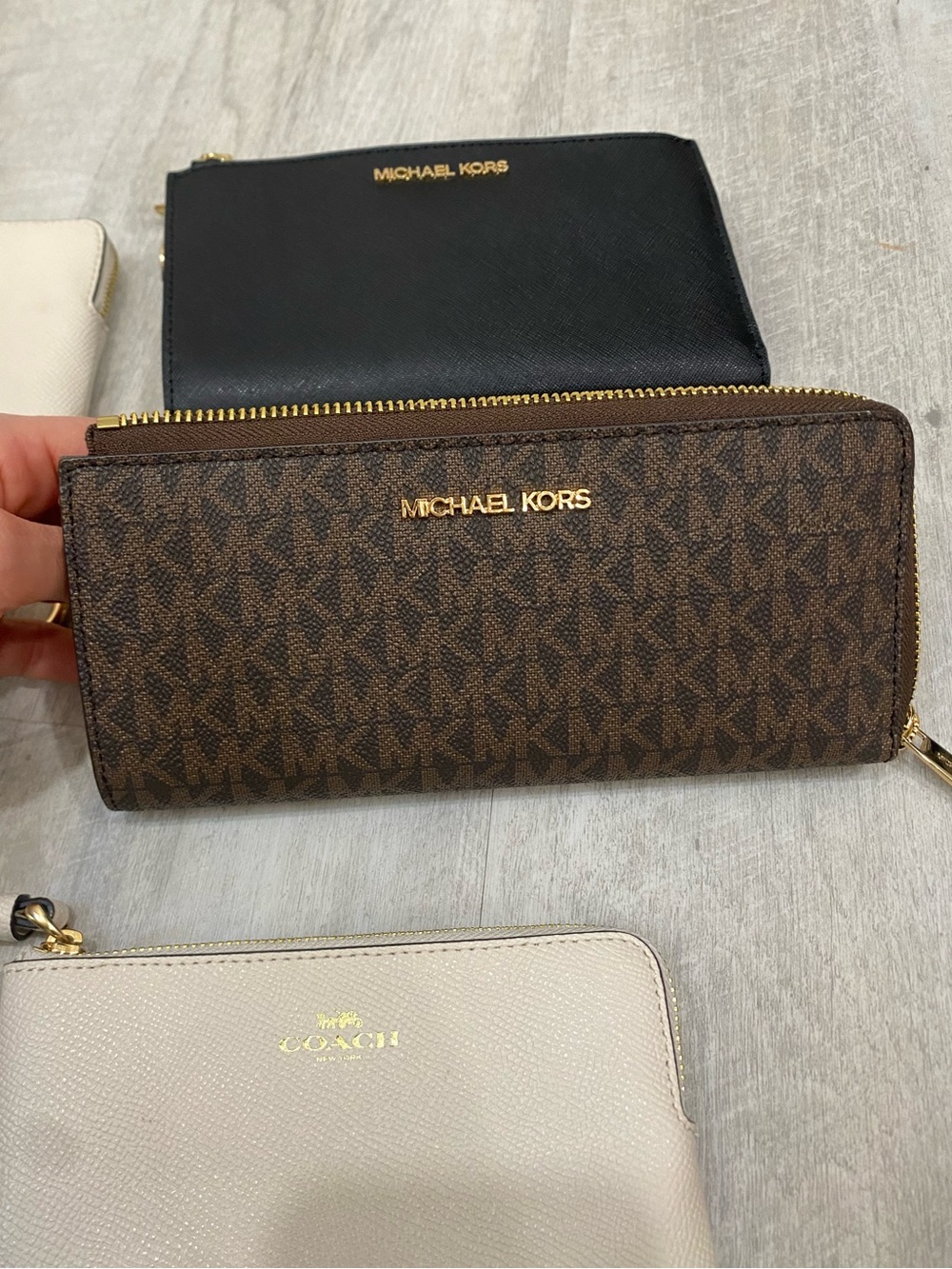 New Michael Kors Brown MK Signature Zip-Around Wallet with Gold Logo